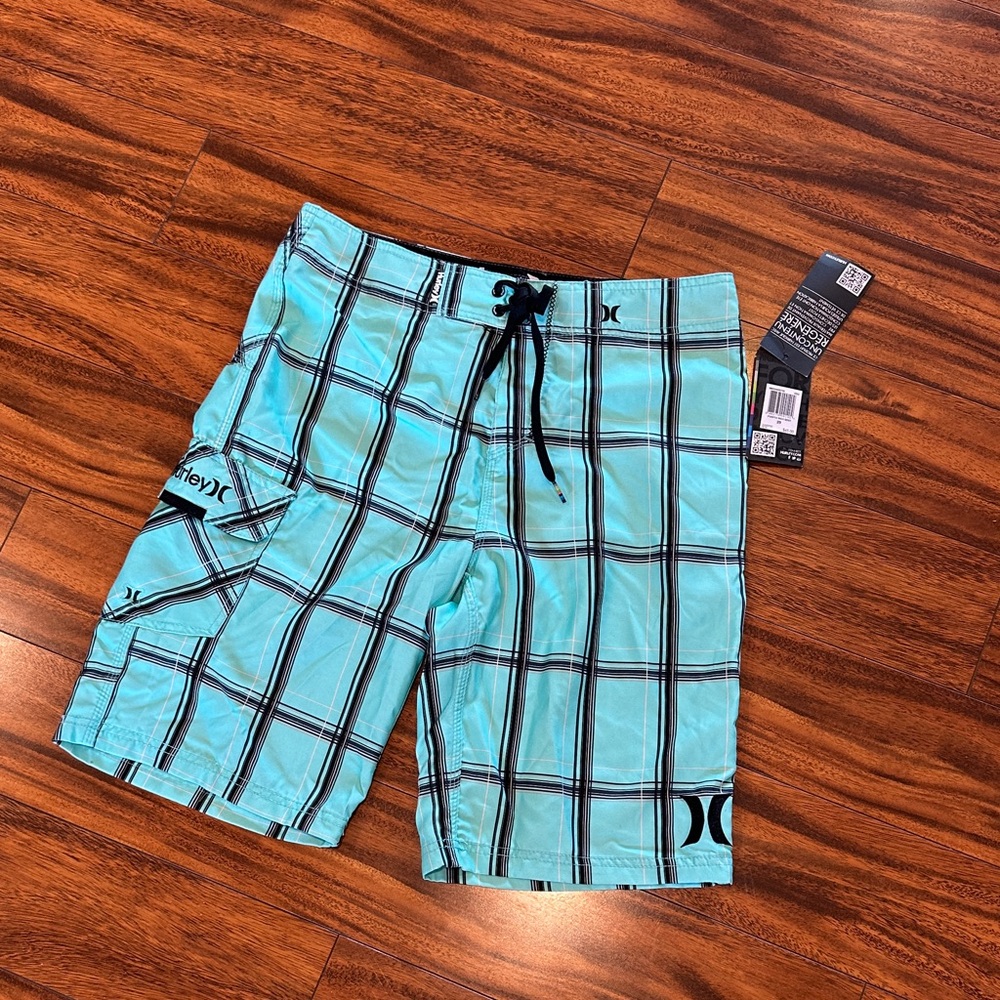 Hurley Men's Aqua Checkered Athletic Shorts. New with tags